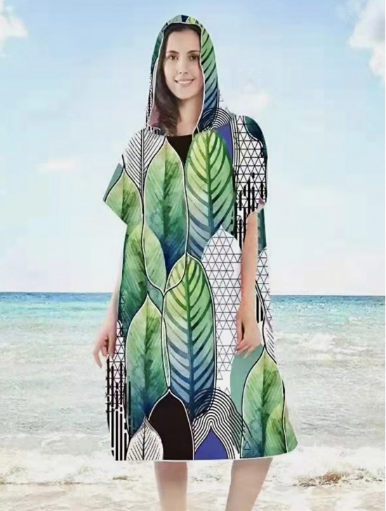 Ladies Fashion Print Beach Towel Robe  W/ Hood